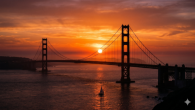 The Golden Gate Bridge with the sun setting the background.