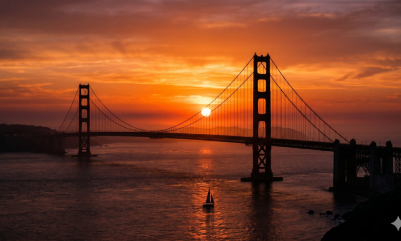 The Golden Gate Bridge with the sun setting the background.