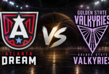 Atlanta Dream and Golden State Valkyries logos face off in a WNBA championship matchup graphic, with a basketball arena background.