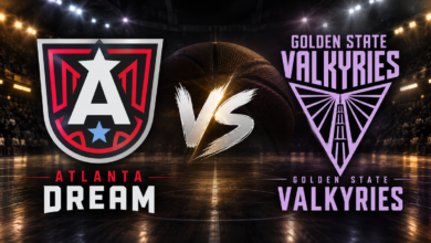 Atlanta Dream and Golden State Valkyries logos face off in a WNBA championship matchup graphic, with a basketball arena background.