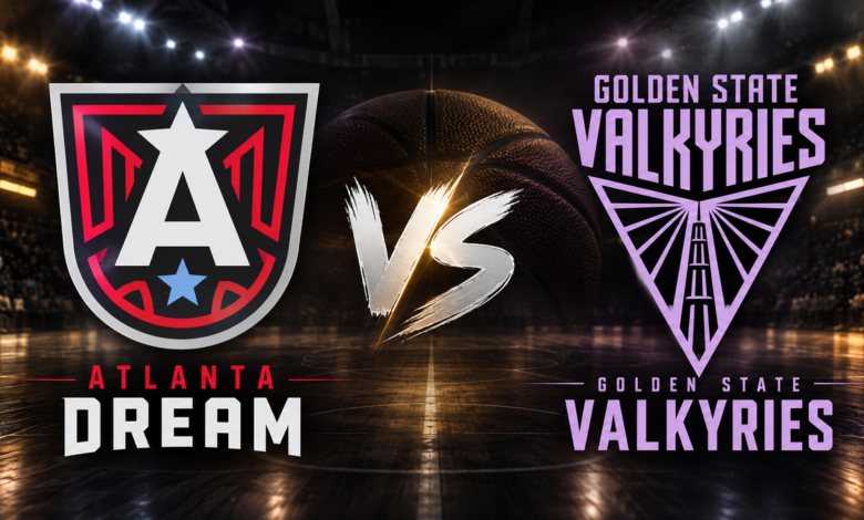 Atlanta Dream and Golden State Valkyries logos face off in a WNBA championship matchup graphic, with a basketball arena background.